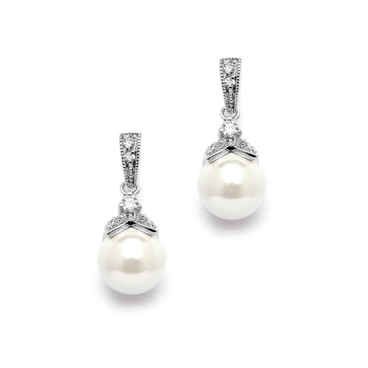 Light Ivory Pearl Drop Wedding Earrings with Vintage CZ - Mariell ...