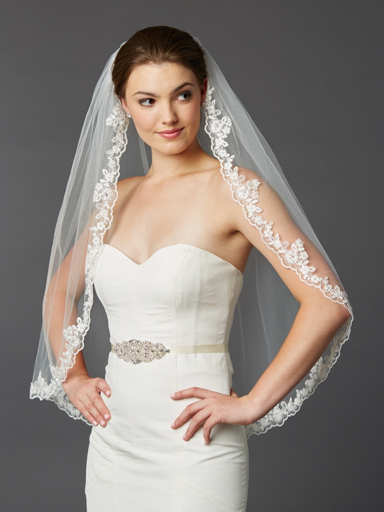 Off White Sheer Veil with Crystal Accents Raw-Edge Silk Tulle Chapel Veil with Crystals | David main image 2
