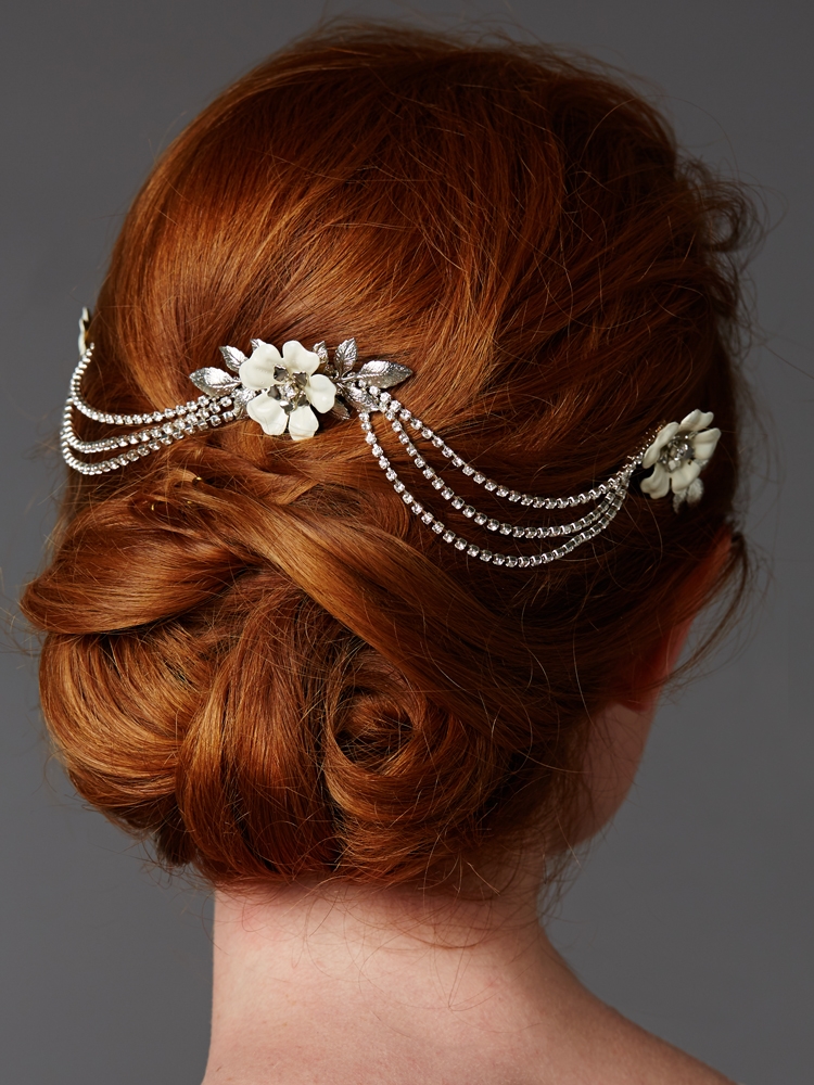 Triple Combs Enamel Bridal Headpeice with Crystal Swags  display picture 2