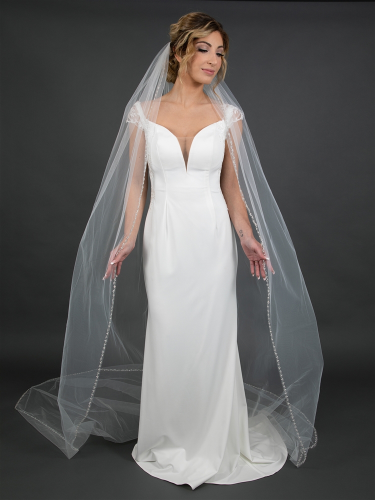 Long One Tier Lace Edge Cathedral Veil With Sequins Wedding Veils