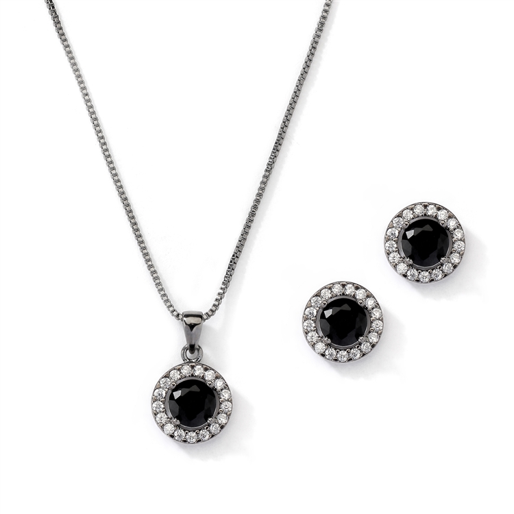 Black Hematite Cubic Zirconia Round Shape Halo Necklace and Stud ...
