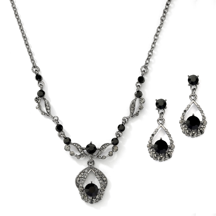 Vintage Black Crystal Necklace and Earrings Set - Antique  display picture 3