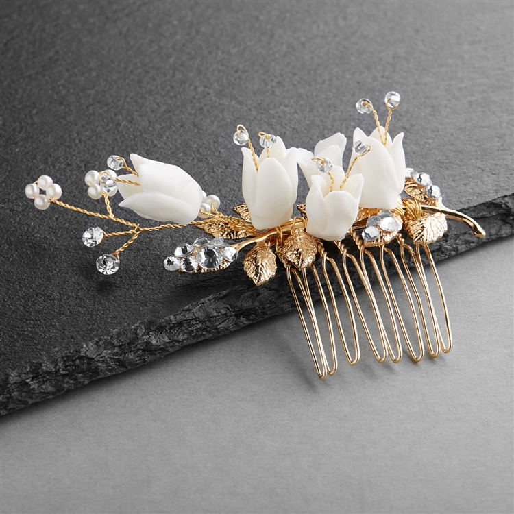 Bridal Comb with Gold Leaves, Crystals, Miniature Pearls and  display picture 3