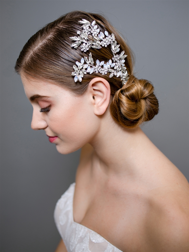 Silver Clear Austrian Crystal Rhinestone Floral Leaf Vine Prom Bridal Hair Clip 
