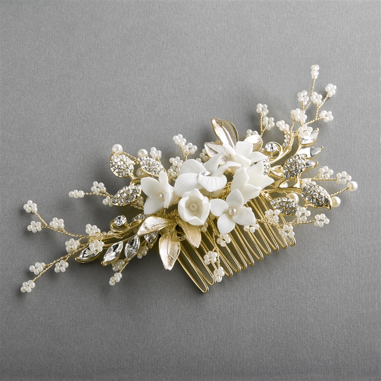 Best Selling Light Gold Bridal Hair Comb with White Resin  display picture 1