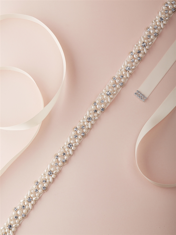 Silver Bridal Belt with Austrian Crystal and Ivory Pearls - Mariell Bridal  Jewelry & Wedding Accessories