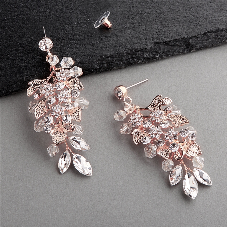 Handmade Light Rose Gold Statement Earrings for Brides with Cascading  Crystals, Flowers & Blush Leaves - Mariell Bridal Jewelry & Wedding  Accessories
