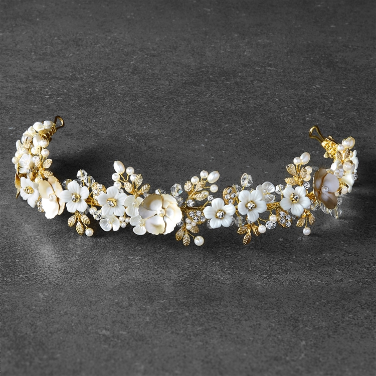Gold Wedding Tiara with Sculpted Flowers, Matte Gold Leaves, Ivory 