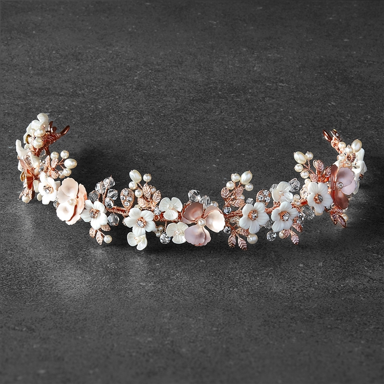 Rose Gold Bridal Tiara with Porcelain Flowers, Matte Blush  display picture 1