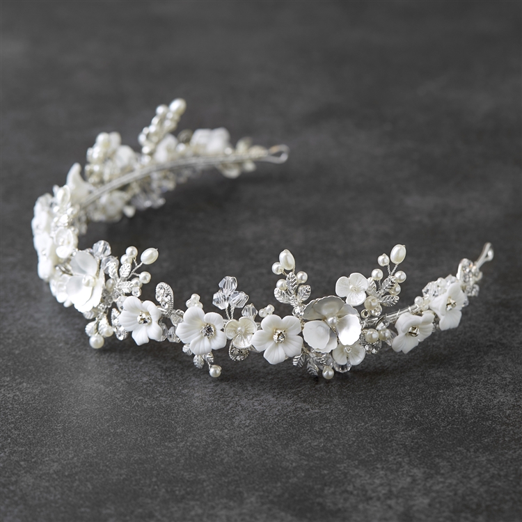 Bridal Tiara with Sculpted Flowers, Matte Silver Leaves  display picture 3