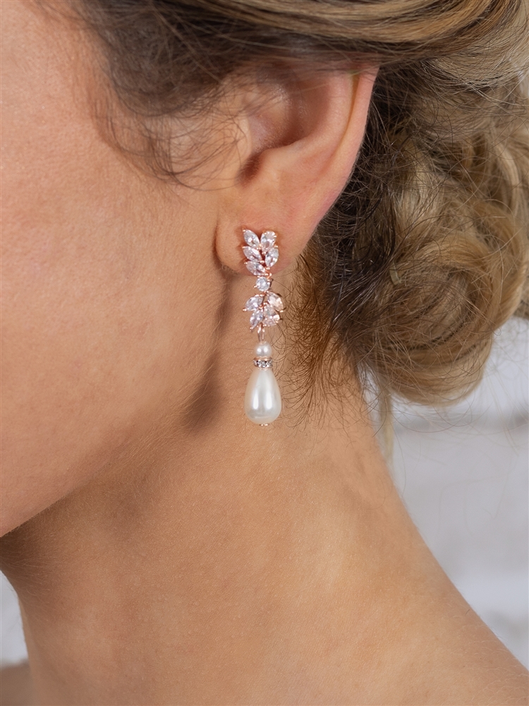 Rose Gold CZ and Teardrop Pearl Designer Bridal Earrings - Mariell 