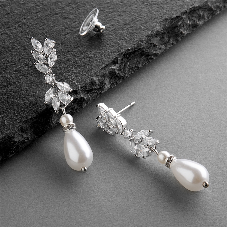 Freshwater pearl & cubic zirconia long slim drop round wedding bridal cocktail earrings silver colour platinum plated top tear drop design