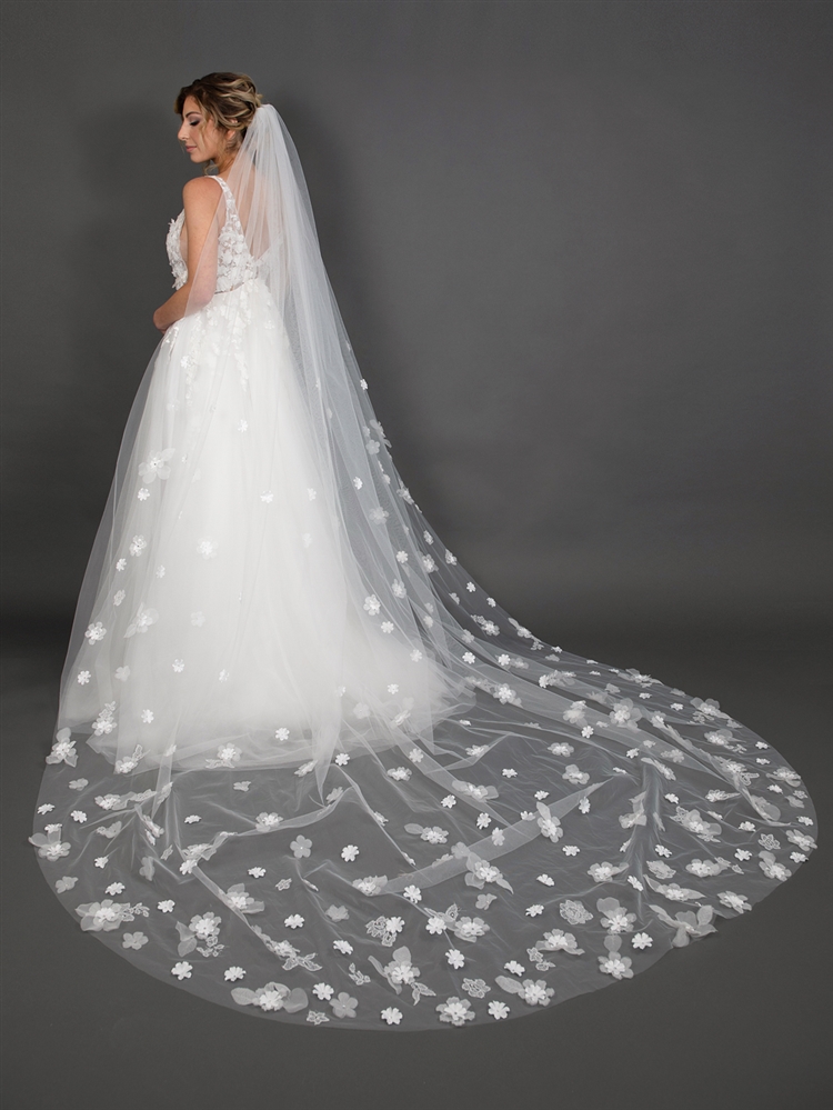 Mariell Gorgeous Beaded Edge Silver Lace Fingertip Bridal Veil