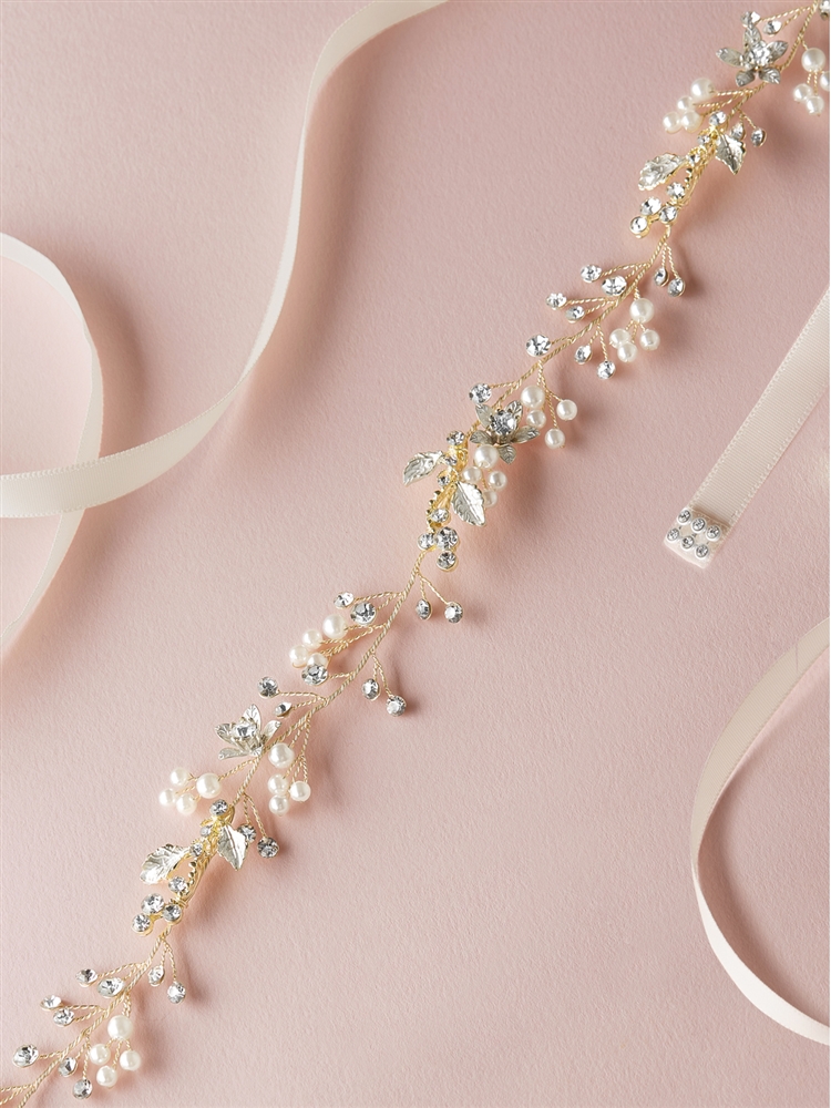 Boho Pearls & Crystal Leaves Floral Gold Flower Vine Bridal Belt