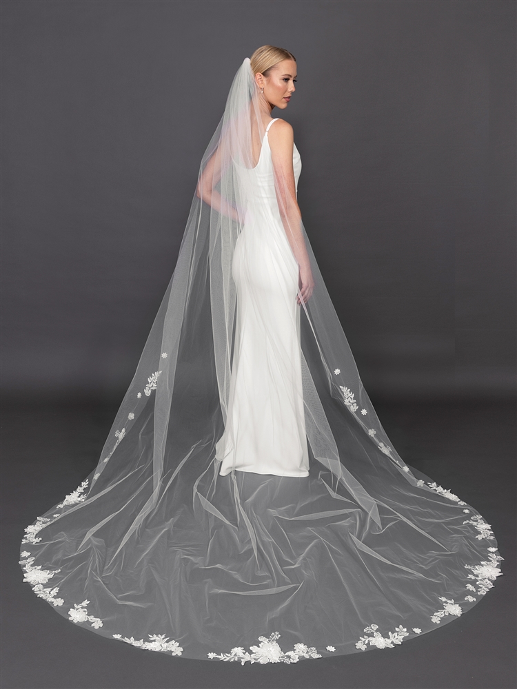 Tulle Pencil Edge Bridal Veil: Ivory Cathedral length 108” White or Ivory Cathedral Length Single Bridal Veil Rounded  main image 3