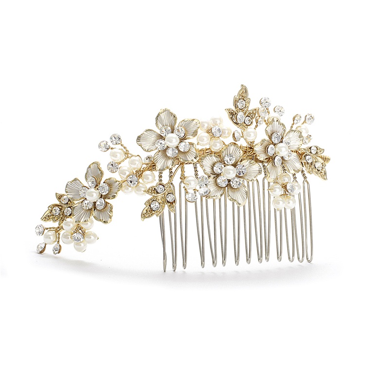 Brushed Gold and Ivory Pearl Wholesale Wedding Comb  display picture 1